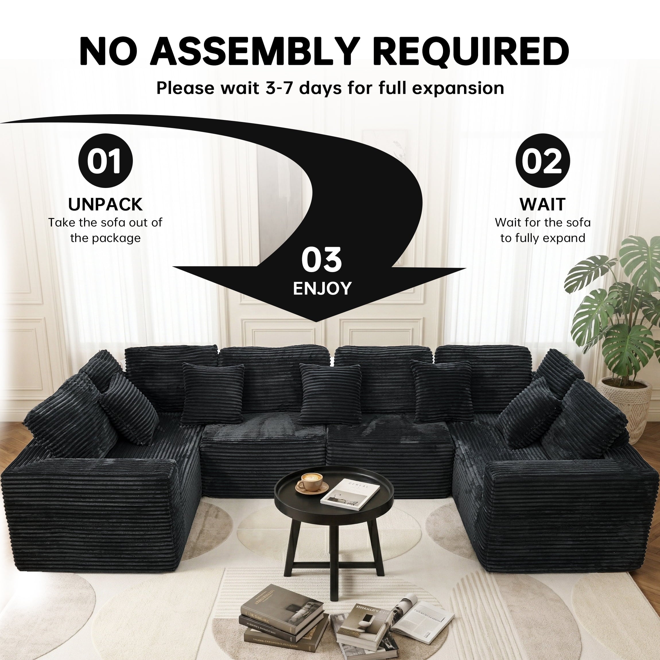 SOULART 138.5 U Shaped Sectional Couch,Gray Cloud Boneless Sofa For Living Room,Plush Corduroy Couches With Deep Seat Chaise Lounge,No Assembly Required