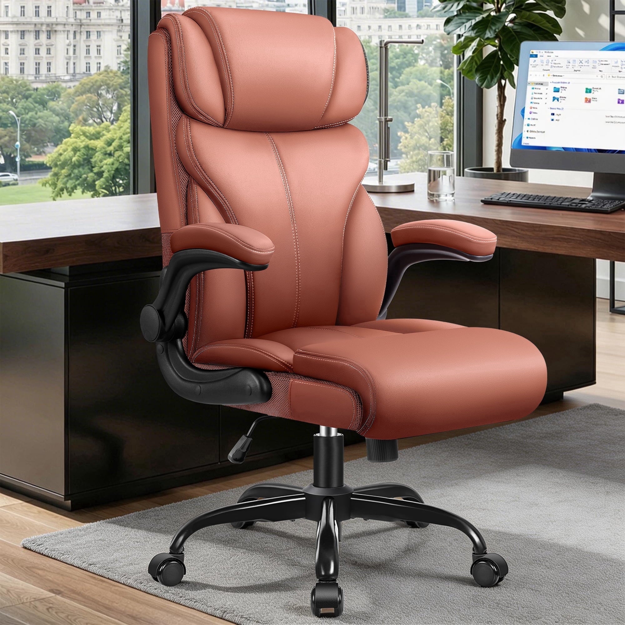 STACOO High Back Executive Office Chair 400lbs, Big and Tall Ergonomic Desk Chair with Lumbar Support & Flip-up Armrests, PU Leather Swivel Chair with Adjustable Height – Brown