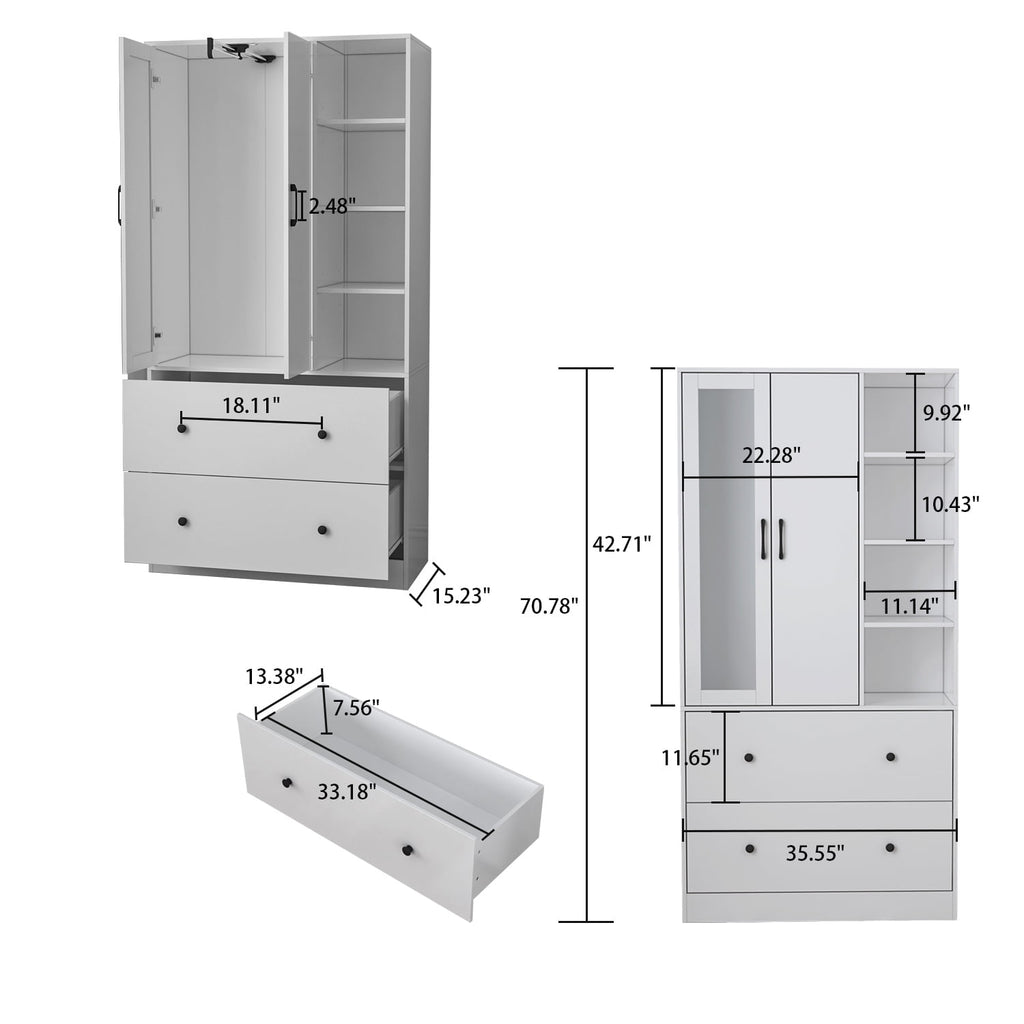 OxyLife 2 Door Wardrobe Armoire, White Closet Storage Organizer with Drawers and Shelves