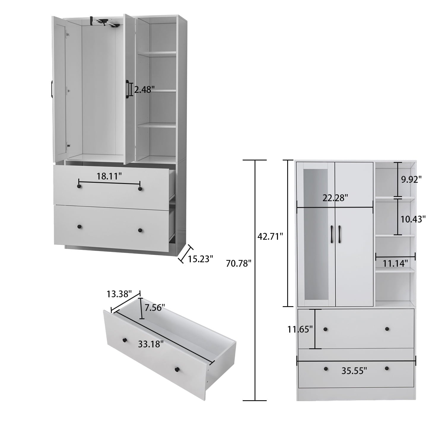 OxyLife 2 Door Wardrobe Armoire, White Closet Storage Organizer with Drawers and Shelves