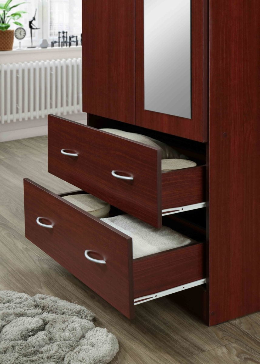 Hodedah Two Door Wardrobe with Two Drawers and Hanging Rod plus Mirror, Black