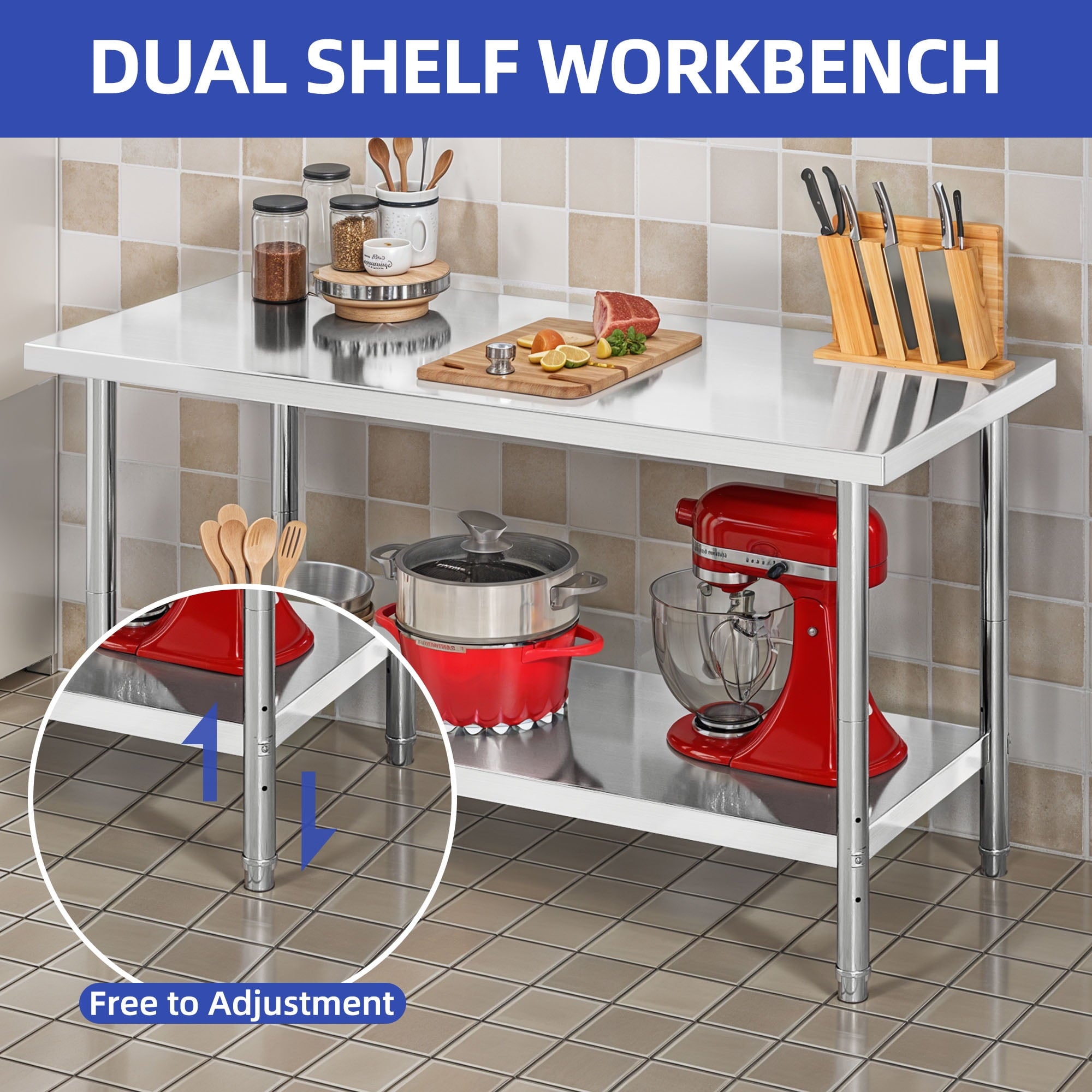 ModFusion 60x24 Heavy-Duty Stainless Steel Workbench with Adjustable Kitchen Rack, 5'x2'x2.8' ft Metal Prep Detailing Table, Home Steel Shelving, Utility Tools