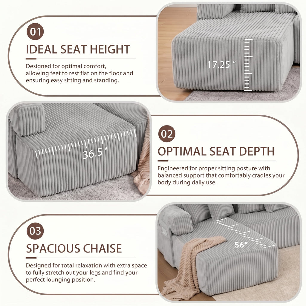 SOULART 138.5 U Shaped Sectional Couch,Gray Cloud Boneless Sofa For Living Room,Plush Corduroy Couches With Deep Seat Chaise Lounge,No Assembly Required