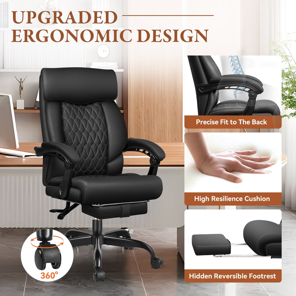 FASTES Executive Office Chair, Ergonomic Desk Chair with Adjustable Armrests, Computer Leather Chair Big and Tall Office Chair with Footrest and Lumbar Support, Brown
