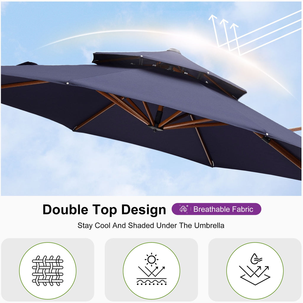 PURPLE LEAF 11FT Deluxe Round Wood Grain Patio Umbrella, Large Offset Cantilever Umbrella with 360° Rotation, Navy Blue