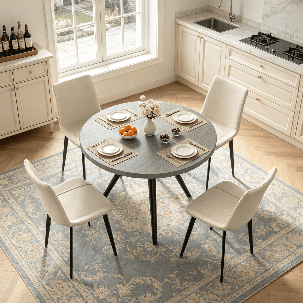 34.8 Round Dining Table Set for 4,5 Piece Mid-Century Modern Dining Set with 4 Upholstered Dining Chairs,Leisure Coffee Table for Kitchen Dining Room, Save Space