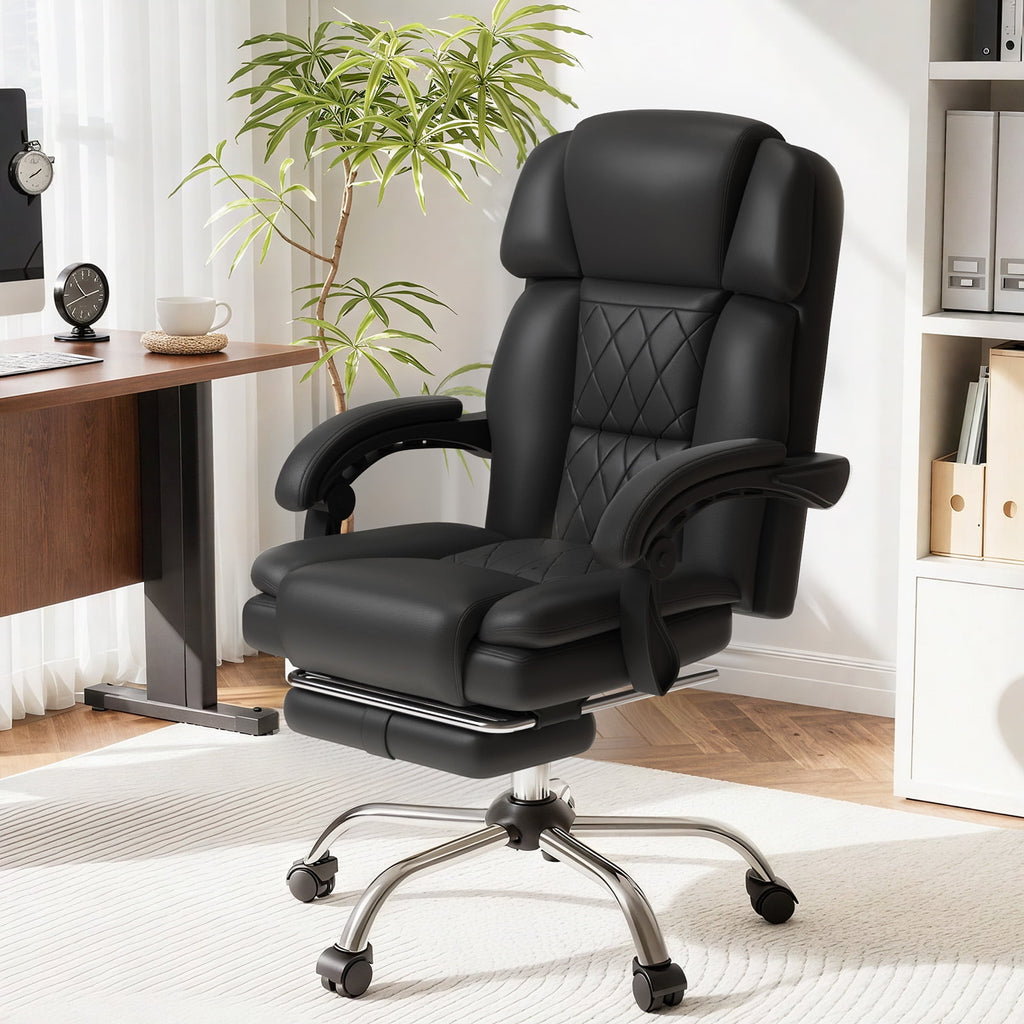 HOMREST Ergonomic Office Chair with 6-Point Massage & Heating, Adjustable Executive Desk Chair with Retractable Footrest, PU Leather Home Office Desk Chair for Home & Office (Black)