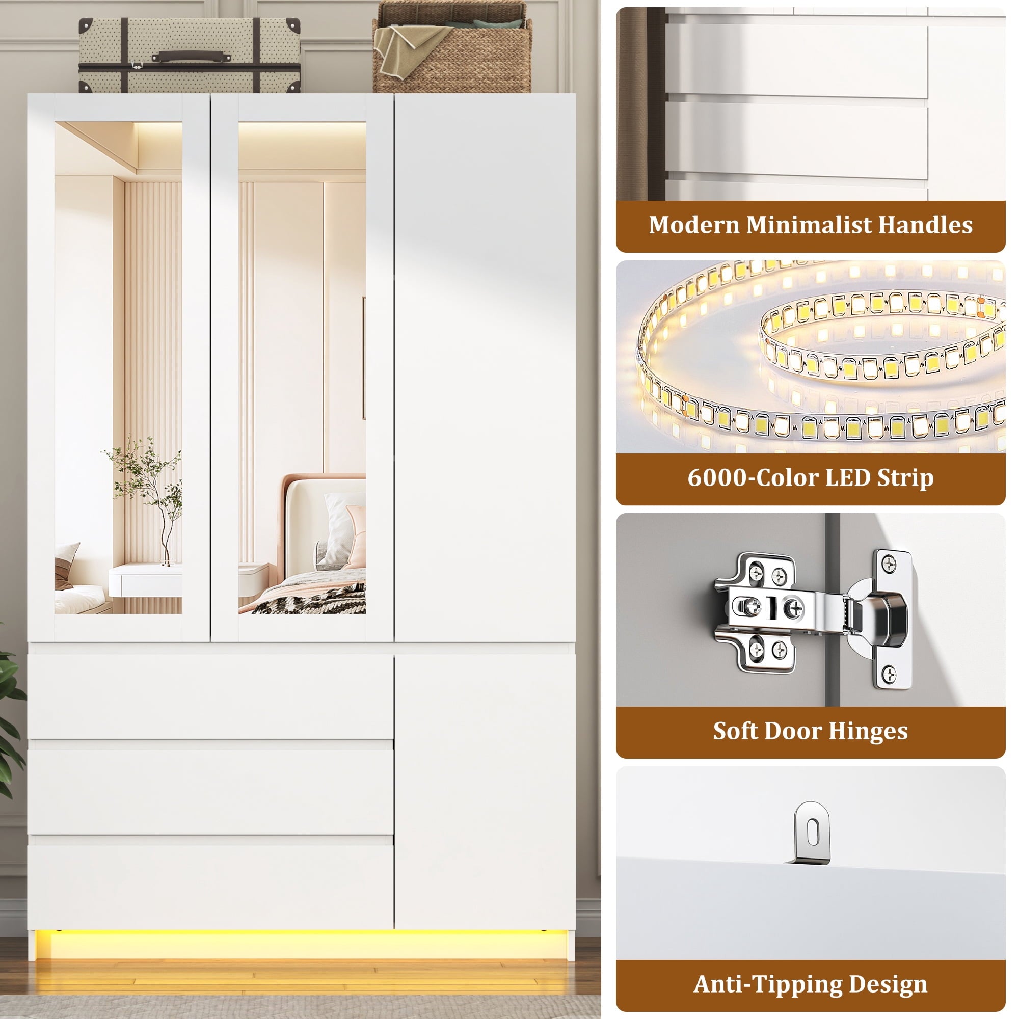 75 Tall 3 Doors Armoire Wardrobe Closet with  3 Drawers and Mirror, Large Wardrobe Closet for Bedroom with LED Lights, Wooden Armoire Storage Cabinet with Hanging Rod, Adjustable shelves (White)