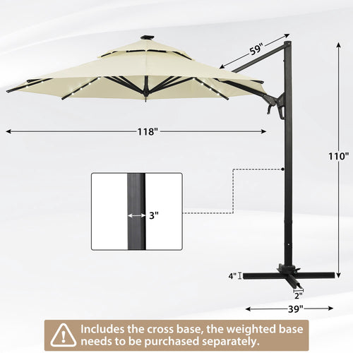 Autlaycil 10' Patio Cantilever Umbrella with Solar Lights, 5 Years Fade Resistance, Aluminum Offset Umbrella with 360-degree Rotation, Beige