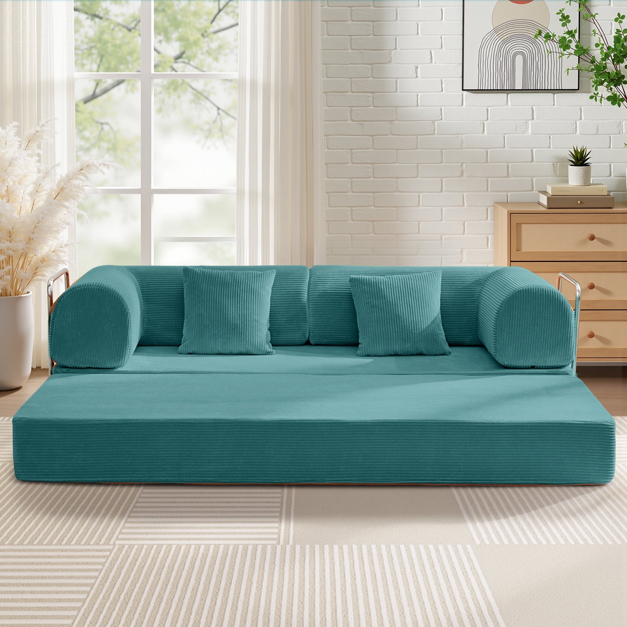 COOLHUT 63 W Combination Sofa, High Rebound Density Foam Sofa Couch, Two Forms Floor Couch Three Seats Sofa Bed for Living Room, Bedroom, Green