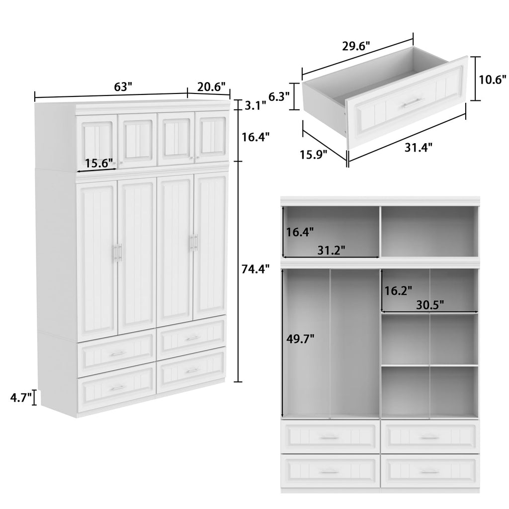 KULAGAGA 4-Door White Armoire, 63 Wide Wardrobe Storage Cabinet with Shelves and Drawers for Bedroom,74.4 H