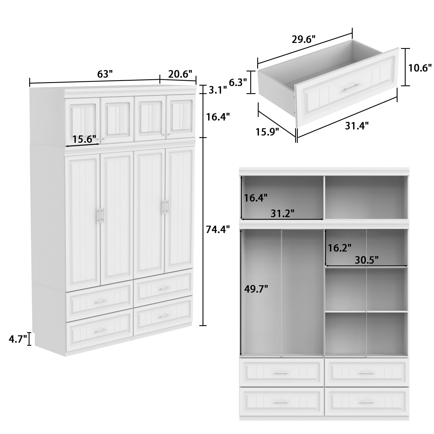 KULAGAGA 4-Door White Armoire, 63 Wide Wardrobe Storage Cabinet with Shelves and Drawers for Bedroom,74.4 H