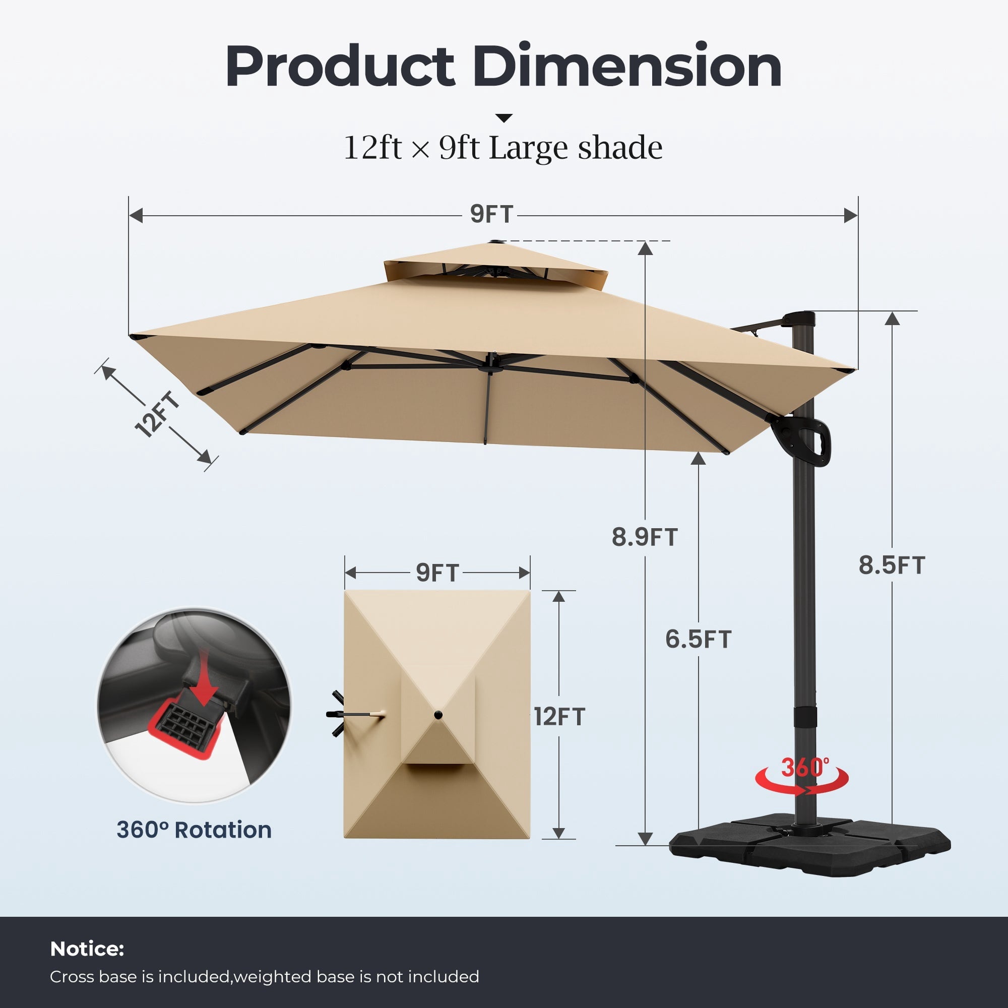 Alpha Joy 12x9ft Outdoor Patio Umbrella Large Rectangle Offset Cantilever Double Umbrella with 360°Rotation, Beige