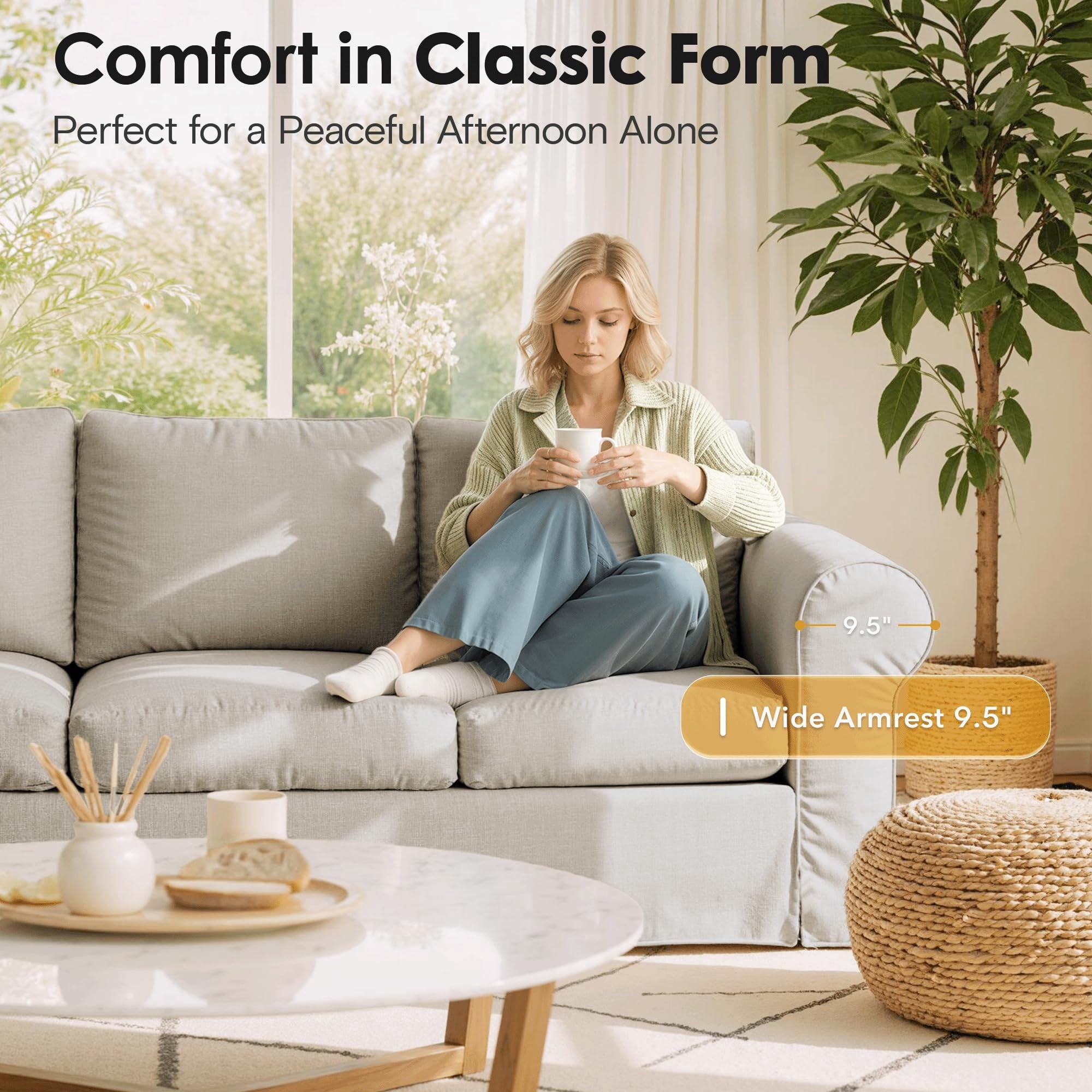 Vorthio 3-Seater Farmhouse Sofa, Deep Seat Couch with High Back Support, Removable Washable Cover, Grey