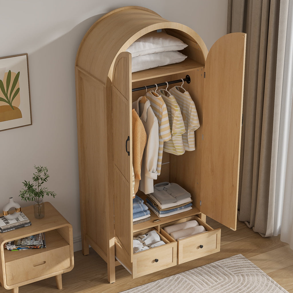 Armoire Wardrobe Closet, Wardrobe Cabinet with Drawers and Hanging Rod, Wooden Armoire Closet for Bedroom, Walnut