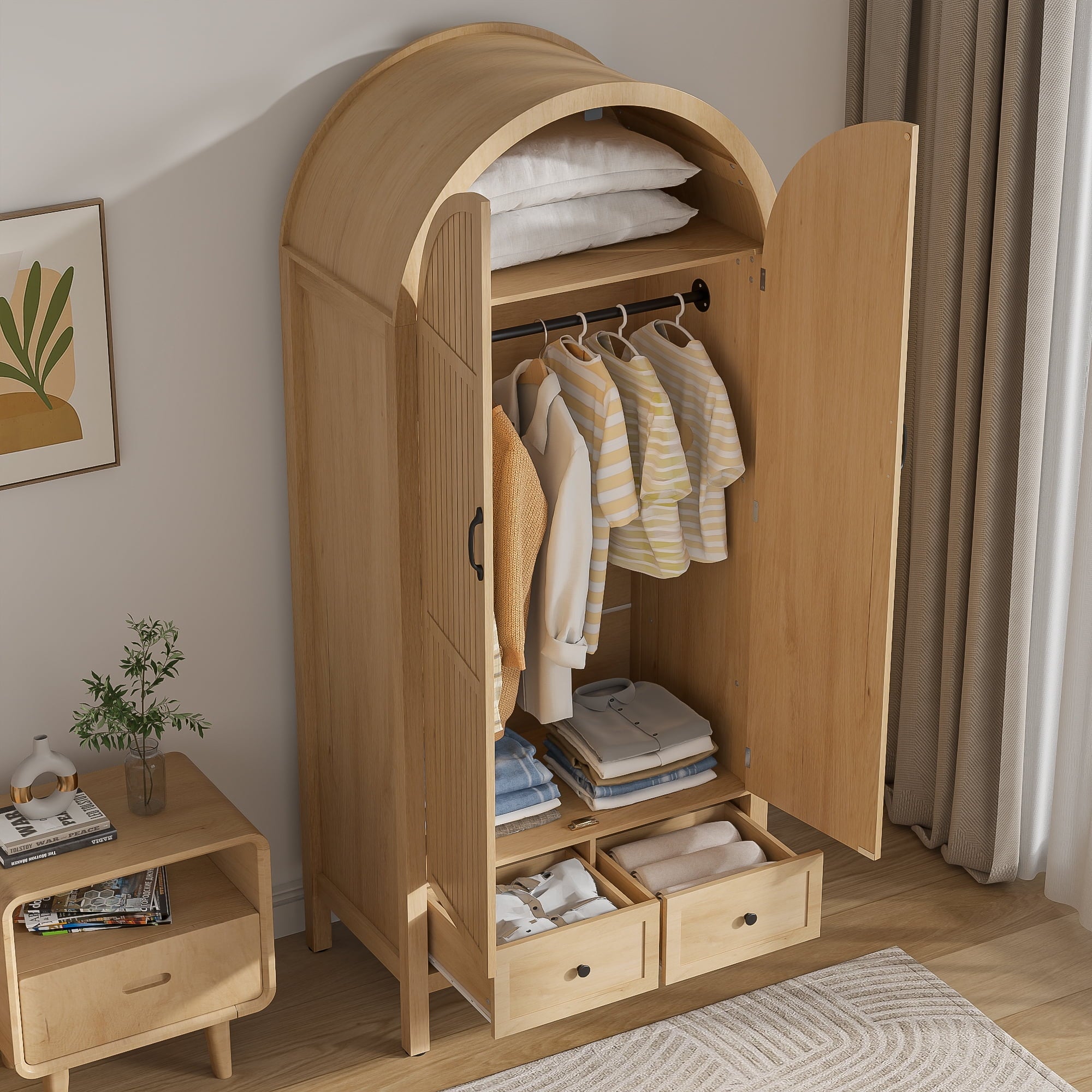 Armoire Wardrobe Closet, Wardrobe Cabinet with Drawers and Hanging Rod, Wooden Armoire Closet for Bedroom, Walnut