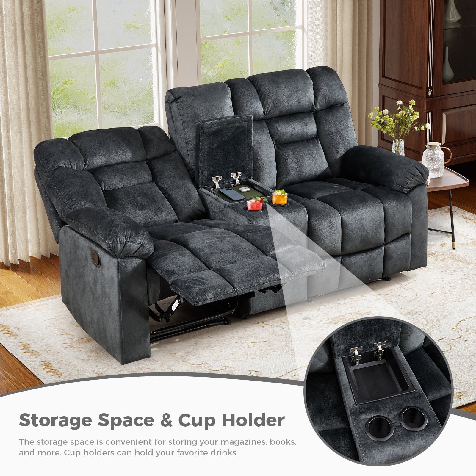 Bonzy Home Brown Manual Recliner Sofa Set with Single Seat, Loveseat, Hidden Storage and Cup Holders