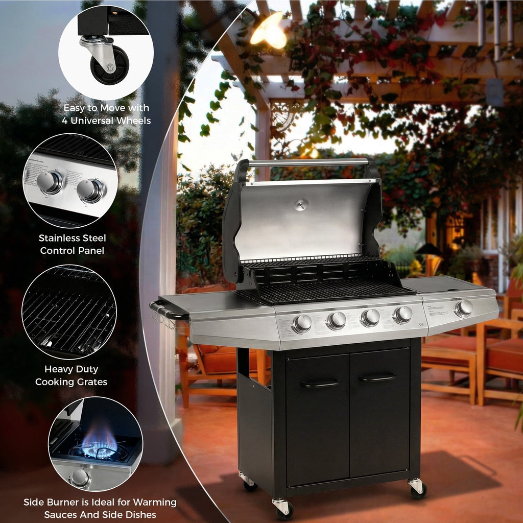MASTER COOK 4+1 Burners Propane Gas Grill, 52,000 BTU Cabinet BBQ Grill with Side Stove, 518 Sqin Cooking Area, Stainless Steel