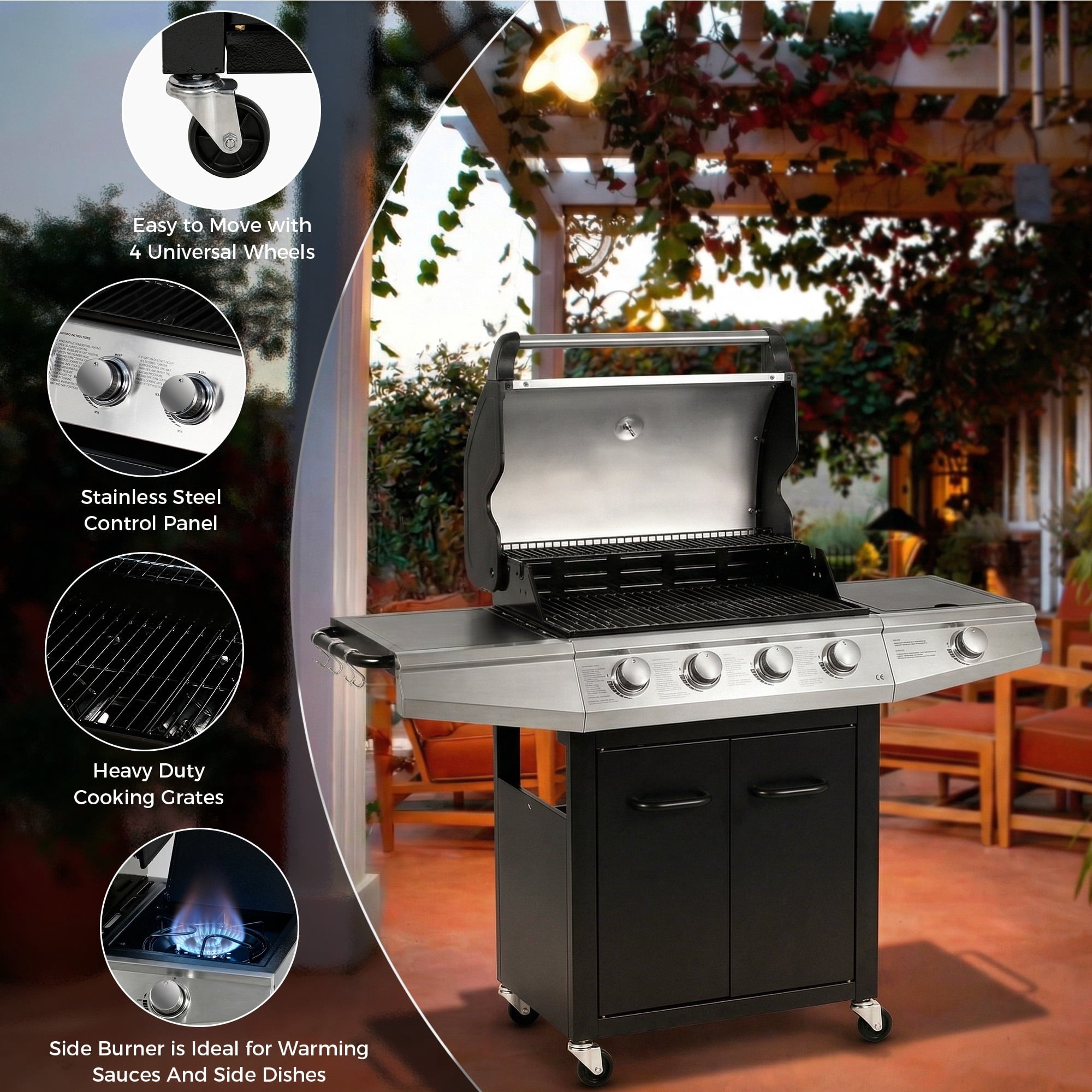 MASTER COOK 4+1 Burners Propane Gas Grill, 52,000 BTU Cabinet BBQ Grill with Side Stove, 518 Sqin Cooking Area, Stainless Steel