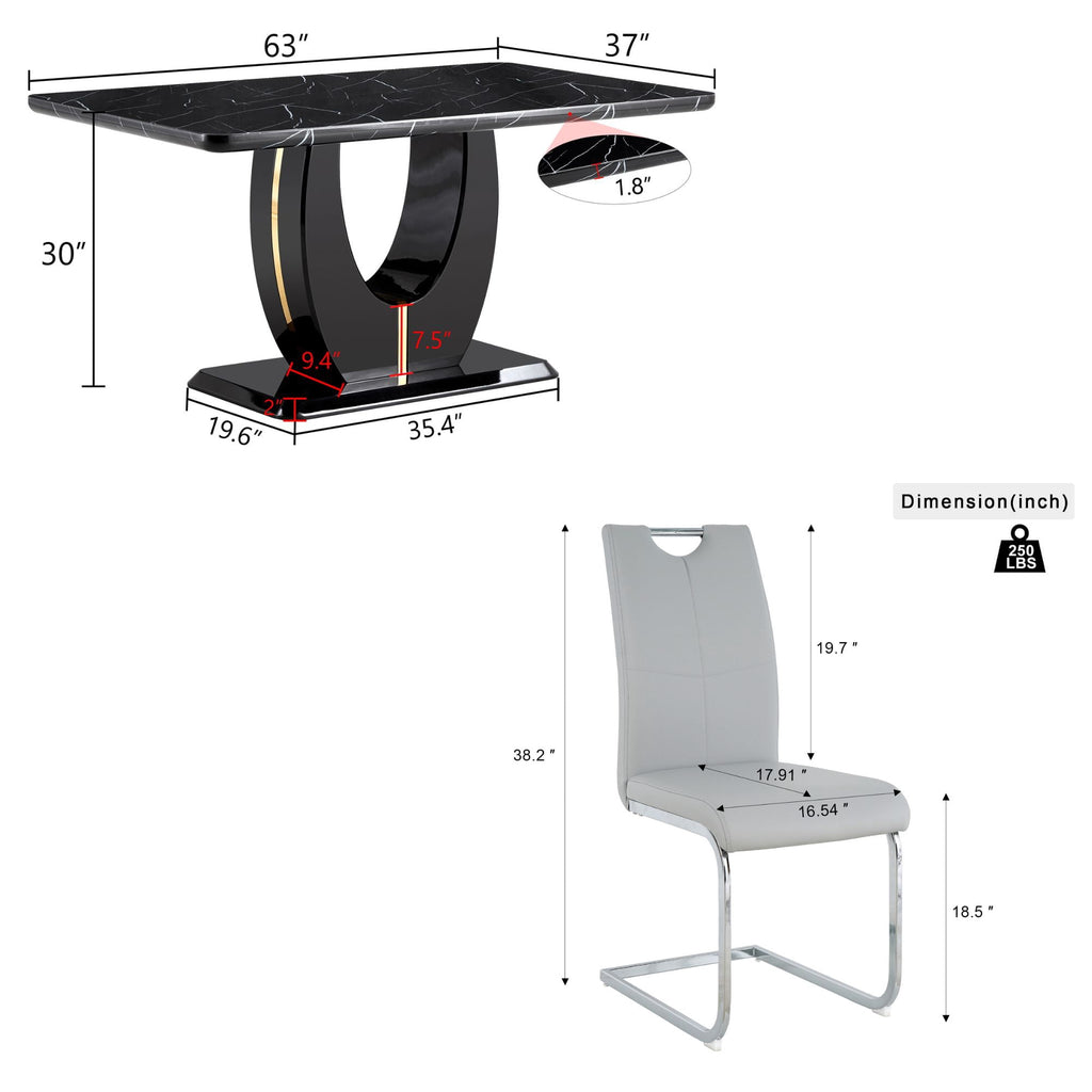 63 Modern White Rectangle Faux Marble Dining Table Room Sets for 4,Dining Table with 4 Velvet Dining Chairs,White Table and 4 Gray Chairs with Silver Leg