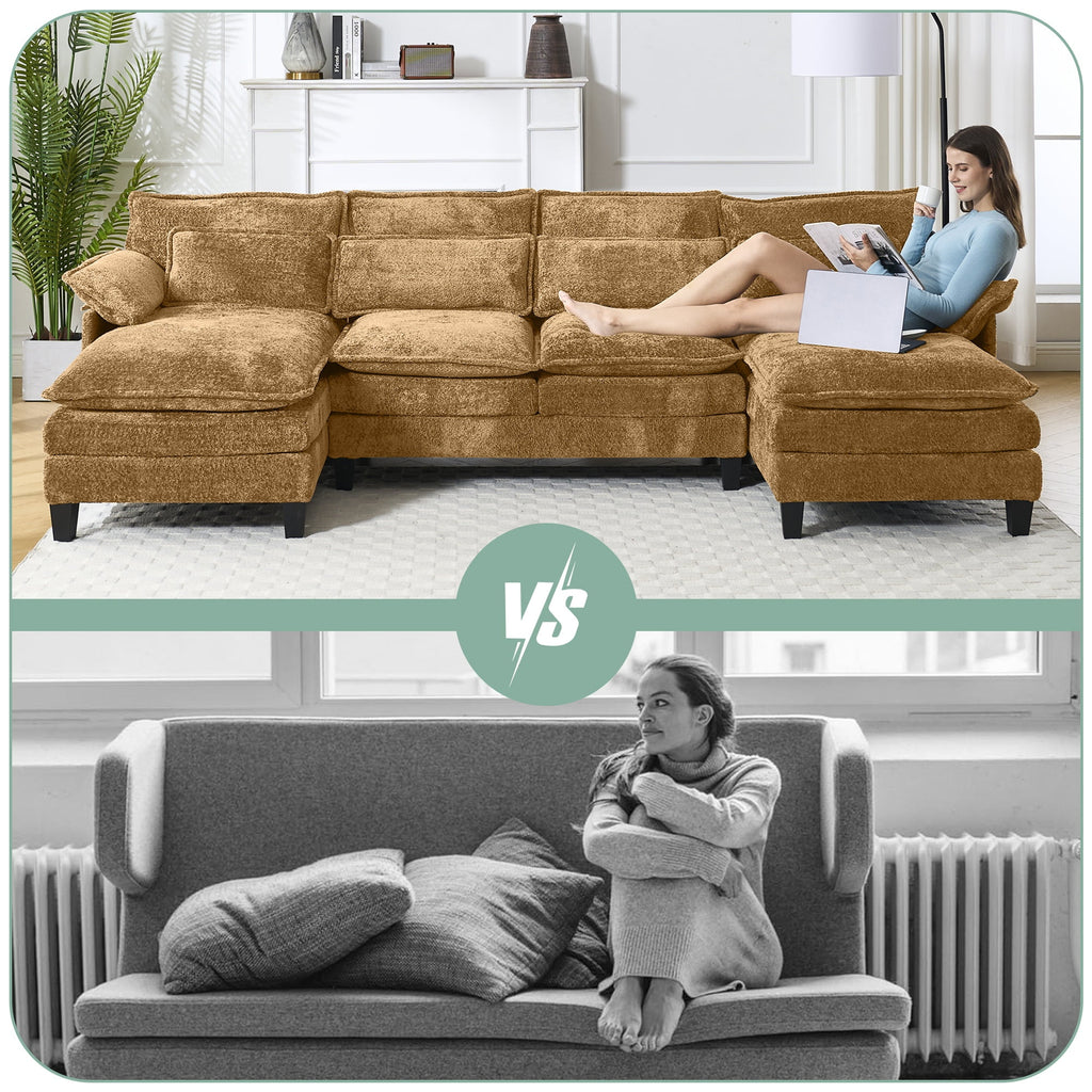 JONPONY109.45 U Shaped Couch,Oversized 4 Seat Sectional with 4 Waist Pillows, Convertible Upholstery Symmetrical Sofá,Sleeper Sofa Couch with Double Chaise Lounge &Memory Foam for Living Room, Beige