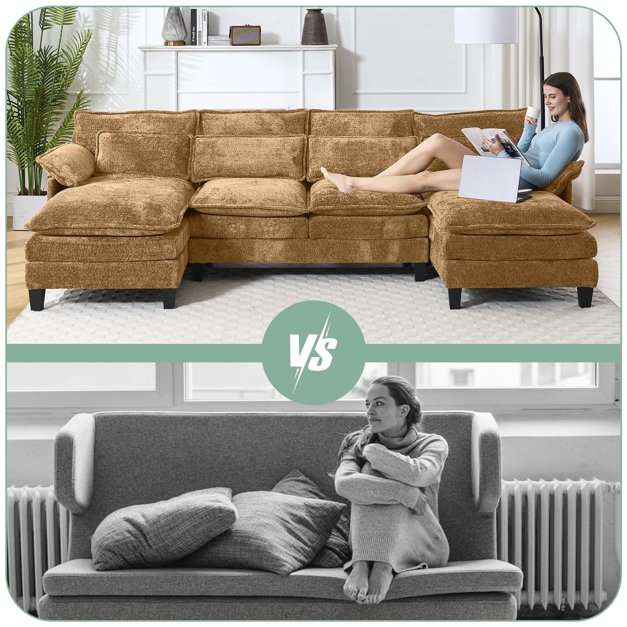 JONPONY109.45 U Shaped Couch,Oversized 4 Seat Sectional with 4 Waist Pillows, Convertible Upholstery Symmetrical Sofá,Sleeper Sofa Couch with Double Chaise Lounge &Memory Foam for Living Room, Beige