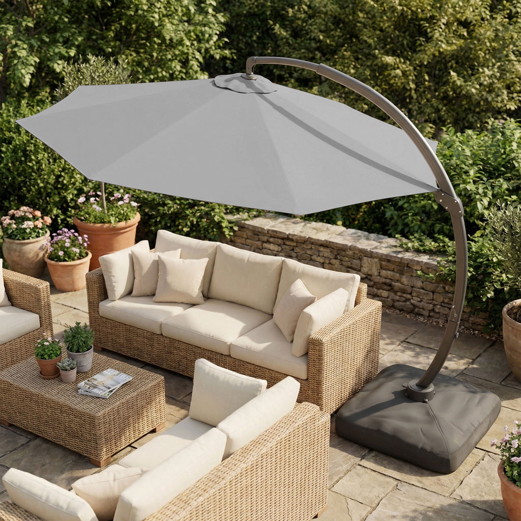 LAZZO 11ft Outdoor Patio Umbrella with Base, Aluminum Offset Cantilever Umbrella for Pool Deck, Champagne