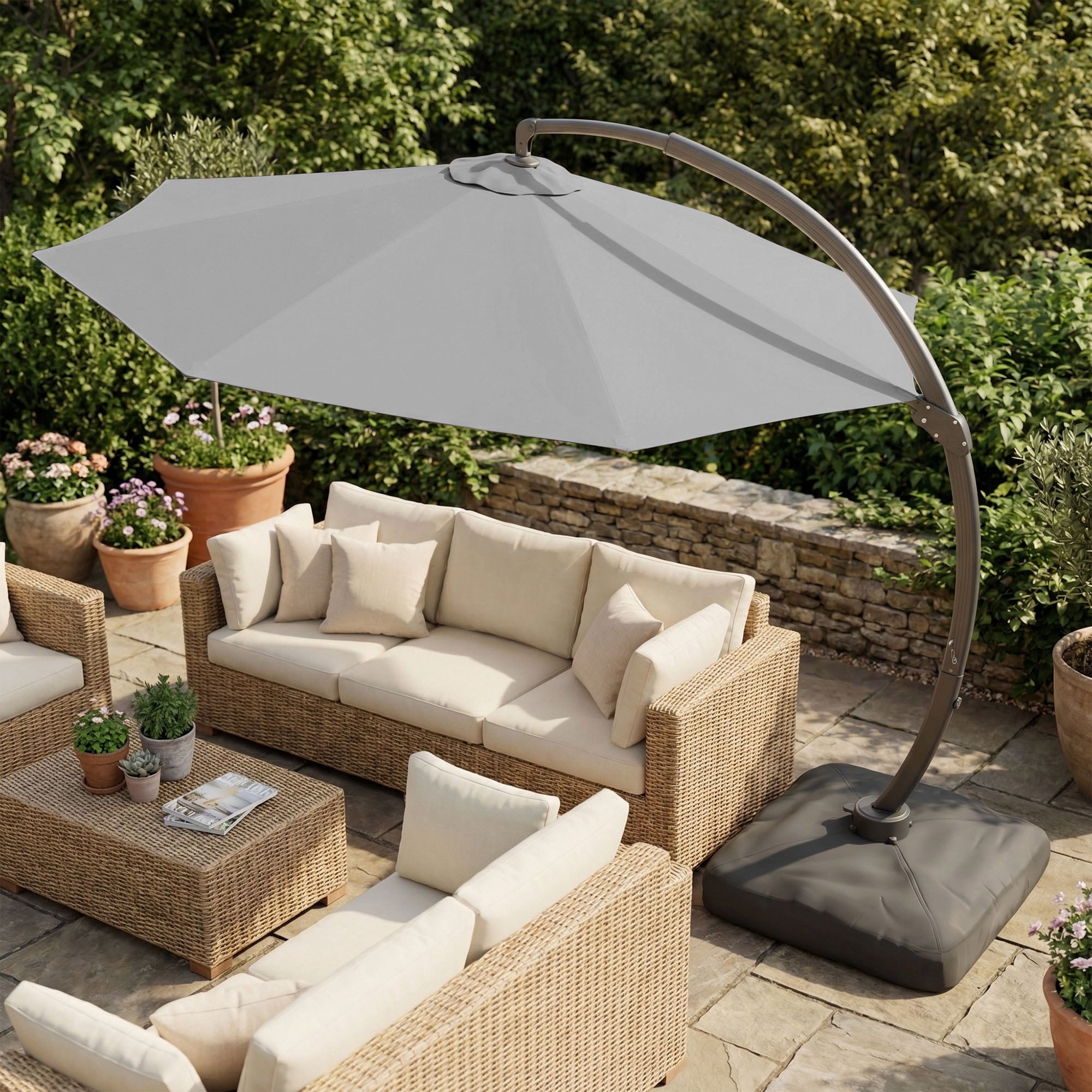 LAZZO 11ft Outdoor Patio Umbrella with Base, Aluminum Offset Cantilever Umbrella for Pool Deck, Champagne