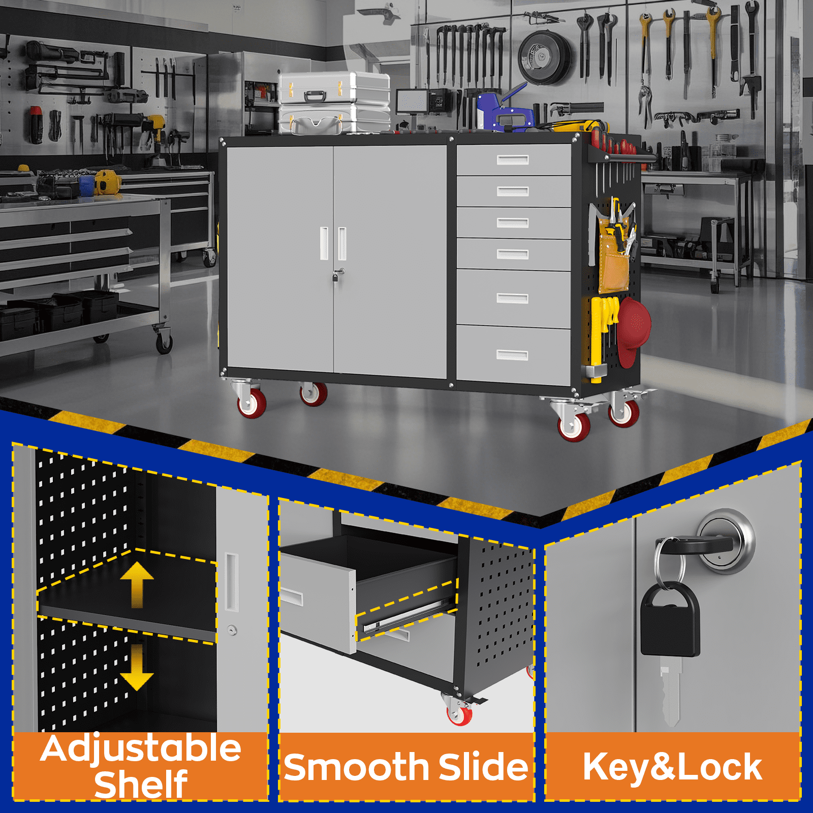 55 W Rolling Workbench with 6 Drawers and Storage Cabinet,1000 LB Capacity Heavy Duty Work Bench with Pegboard and Adjustable Shelf,Garage Workbench with Wheels for Repair Shop/Workshop