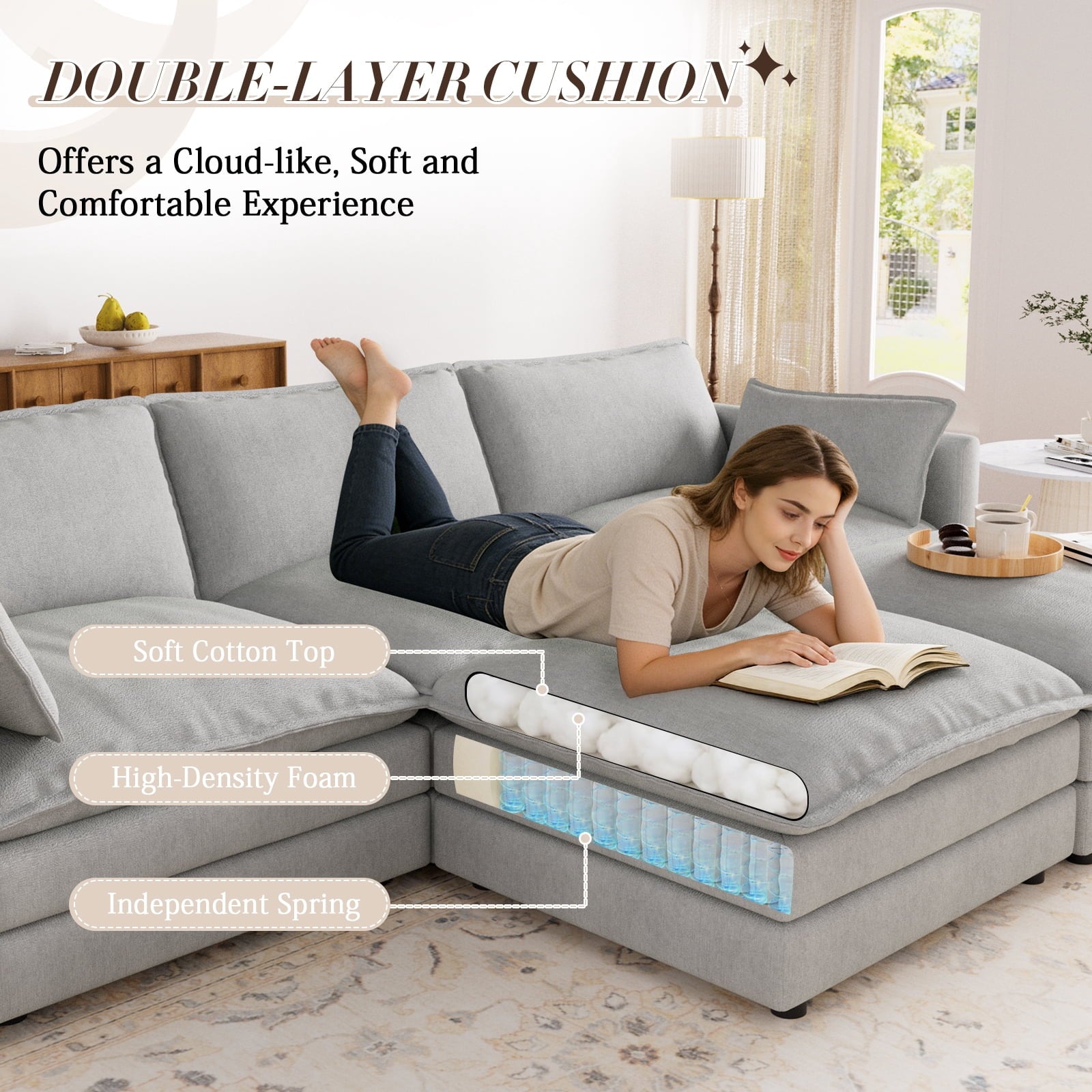 Muumblus Sectional Sofa Cloud Couch with Reversible Ottoman, L-Shaped Chenille Sofa for Living Rooms, Beige