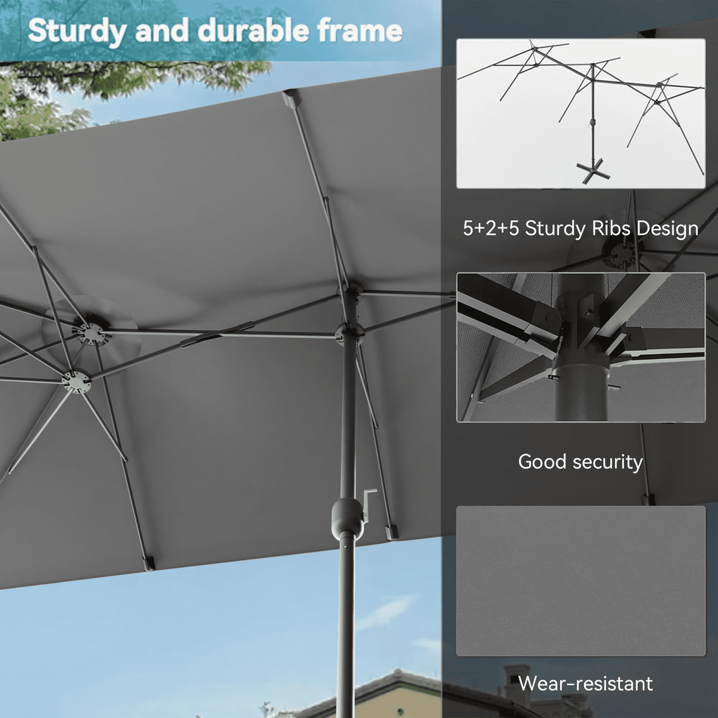 ALAULM 10 Piece Patio Dining Set w/14FT Umbrella, Metal Outdoor Furniture Set w/Rectangular table, 6 Fixed Chairs and 2 swivel rocking chairs for Patio, Backyard, Garden, Poolside（Grey）