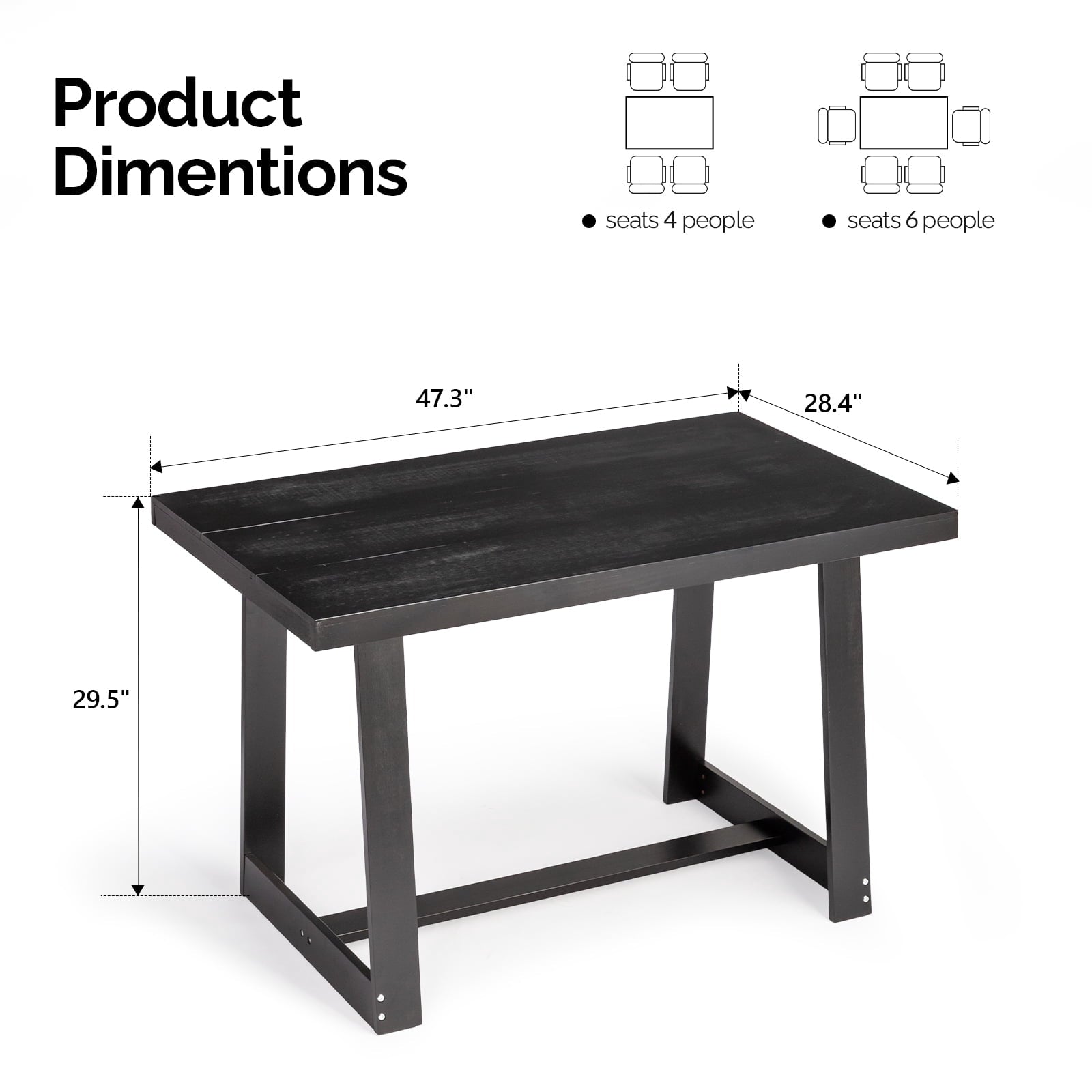 Ktaxon Pine Wood Dining Table for 4, 47.3 Rectangle 4-Person Indoor Farmhouse Kitchen Table Solid Wood Dinner Breakfast Table for Small Space, Apartment Friendly, Black