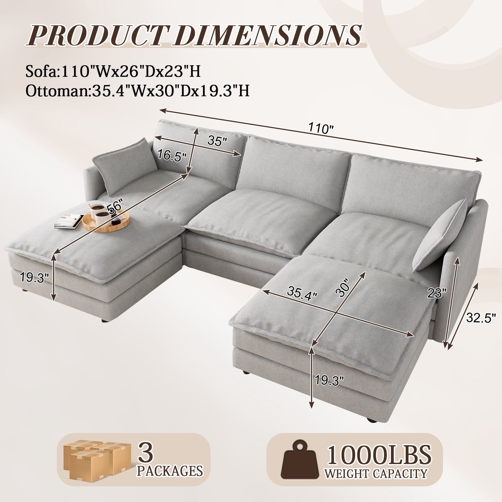 Muumblus Sectional Sofa Cloud Couch with Reversible Ottoman, L-Shaped Chenille Sofa for Living Rooms, Beige