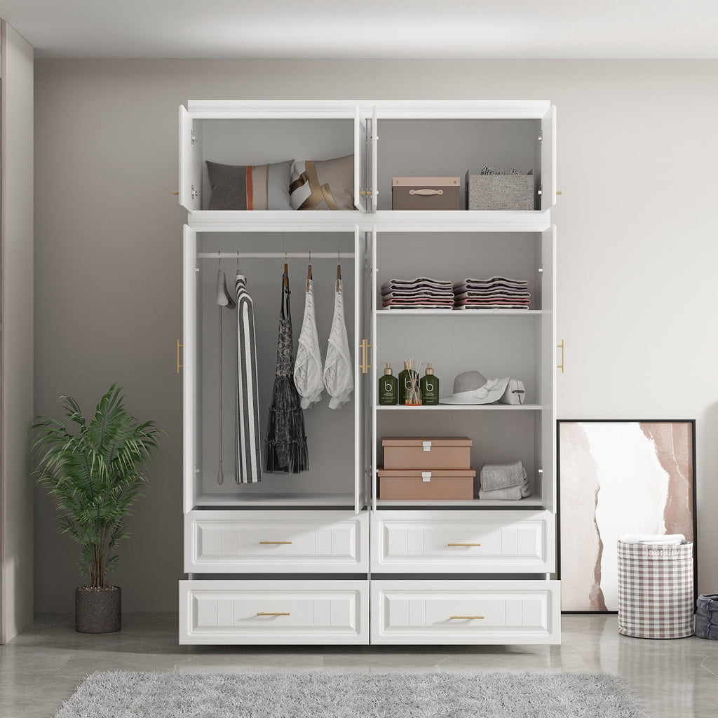 KULAGAGA 4-Door White Armoire, 63 Wide Wardrobe Storage Cabinet with Shelves and Drawers for Bedroom,74.4 H