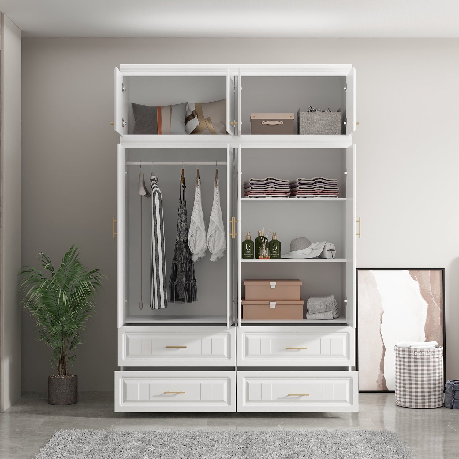 KULAGAGA 4-Door White Armoire, 63 Wide Wardrobe Storage Cabinet with Shelves and Drawers for Bedroom,74.4 H