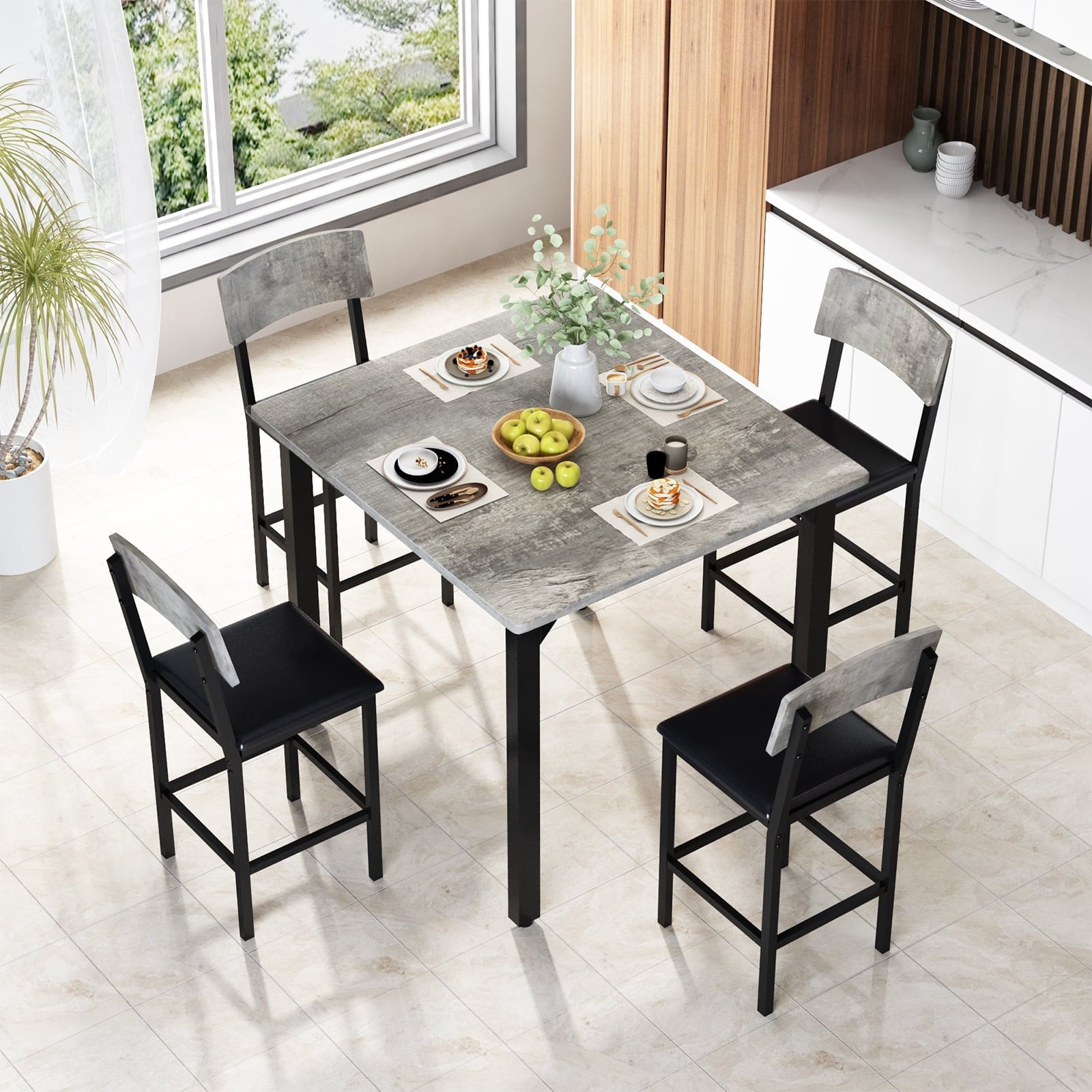 MIERES 5 Piece Dining Table Set High Top Dining Table Set for 4 Counter Height Small Kitchen Table With 4 Velvet Upholstered Chairs, Wood Small Dining Set for Bar Dining Room Breakfast