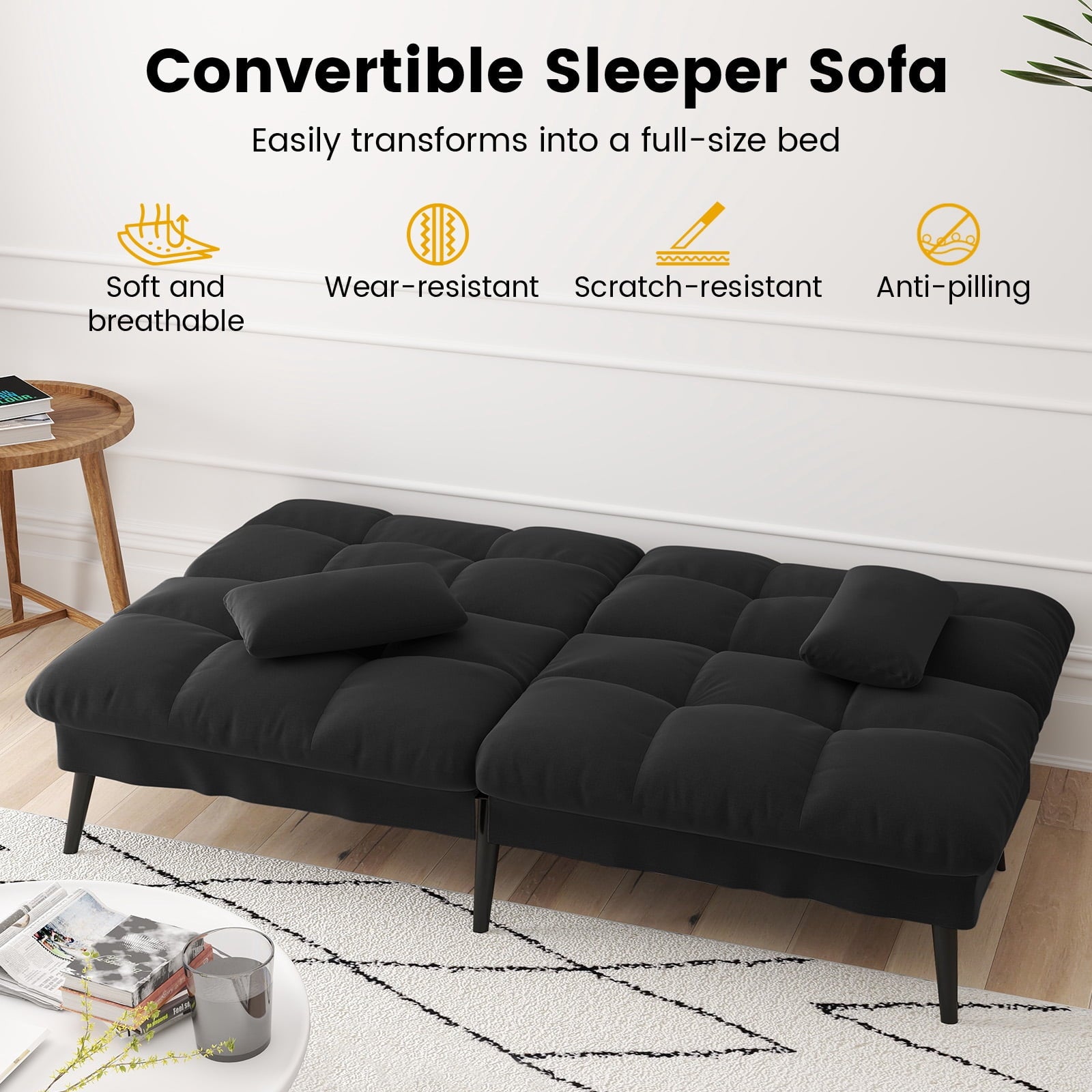 CloudRest Pro 72 Modern Convertible Futon Sofa Bed, Upholstered Futon Couch with 5 Adjustable Backrest Angles,Suitable for Apartment,Living Room,Black