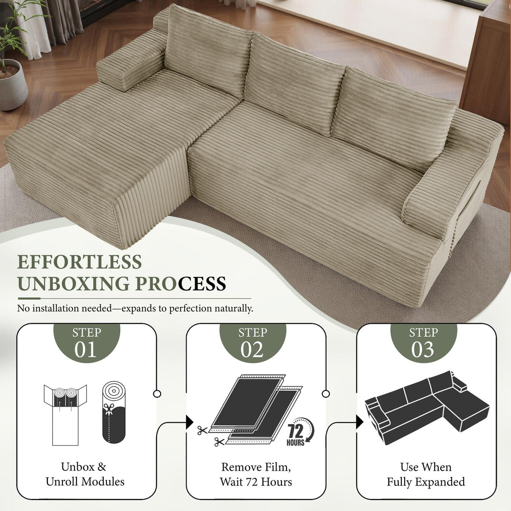96 L-Shaped Sectional Couches for Living Room, Modular Cloud Couch with Chaise, Corduroy Deep Seat Boneless Sofa, No Assembly, Black