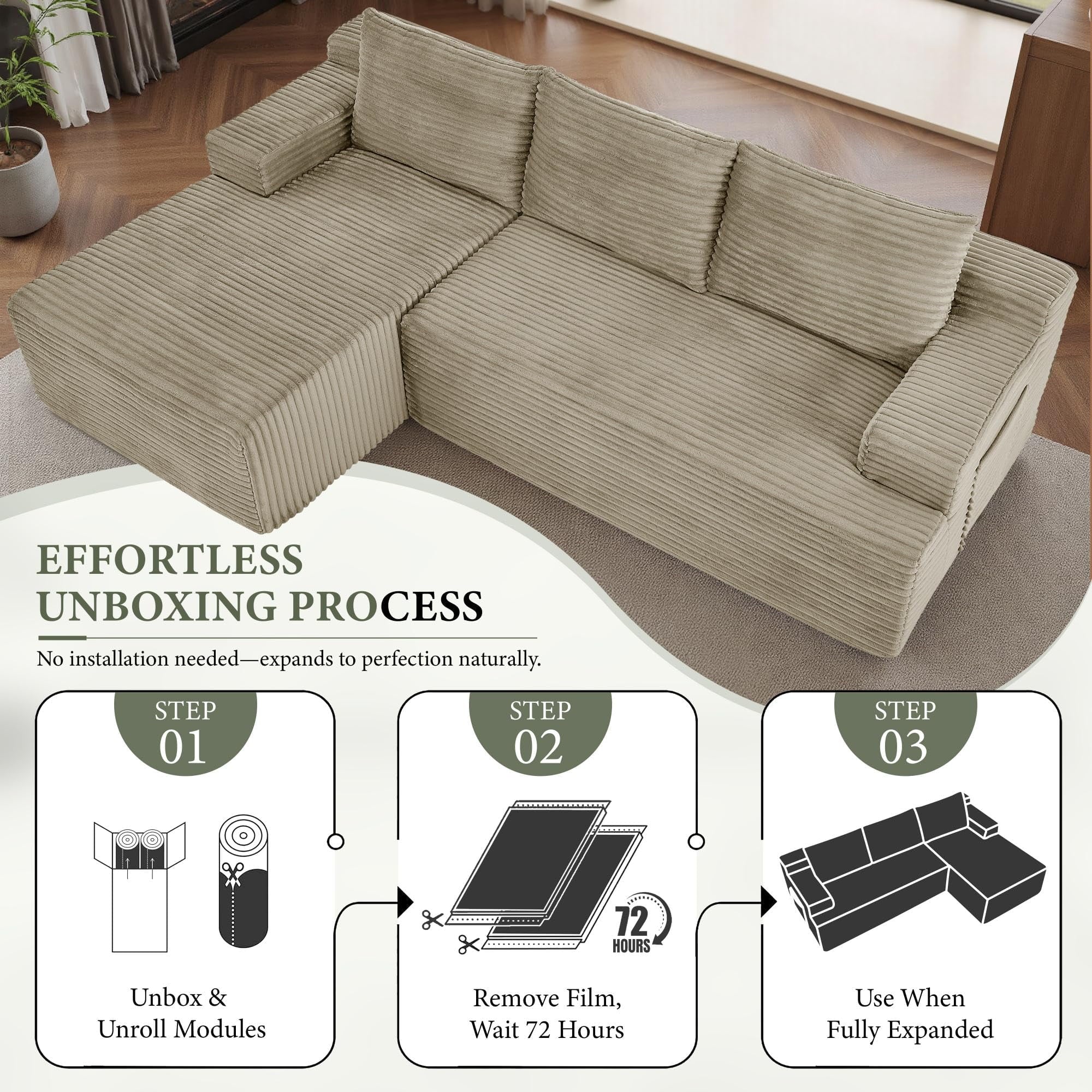 96 L-Shaped Sectional Couches for Living Room, Modular Cloud Couch with Chaise, Corduroy Deep Seat Boneless Sofa, No Assembly, Black