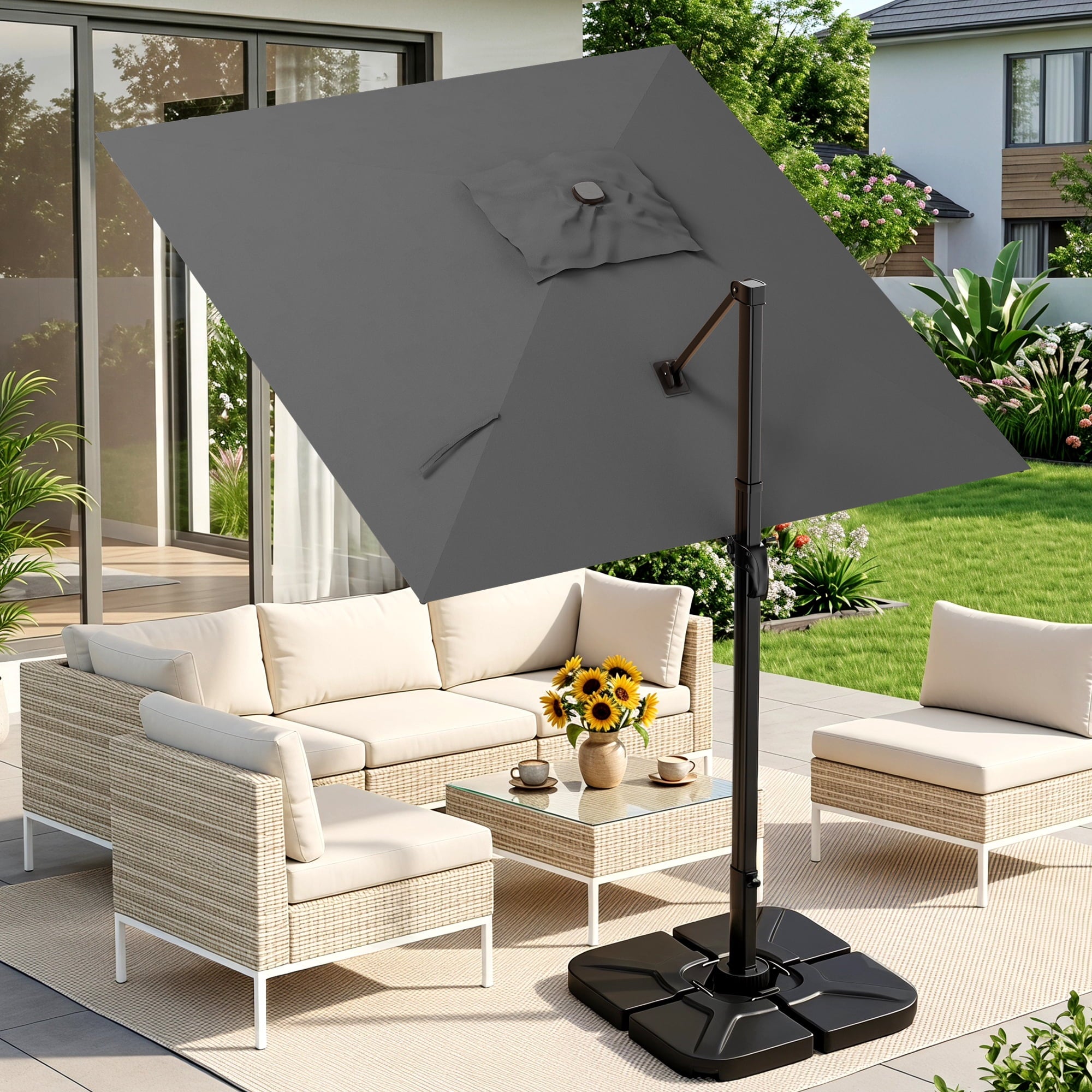 Easthome 10 × 10FT Square Cantilever Patio Umbrella, 360° Rotating Offset Umbrella with Crank, 8 ribs, Outdoor Hanging Roman Umbrella for Garden Deck Backyard, Red