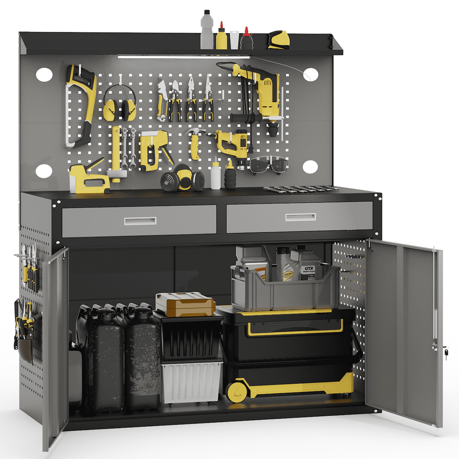65 Heavy Duty Workbench with Drawers and Lockable Storage Cabinet- 2000 LBS Capacity Work Bench with Pegboard Organiser,Work Table with Adjustable LED Light for Garage,Workshop and Repair Shop