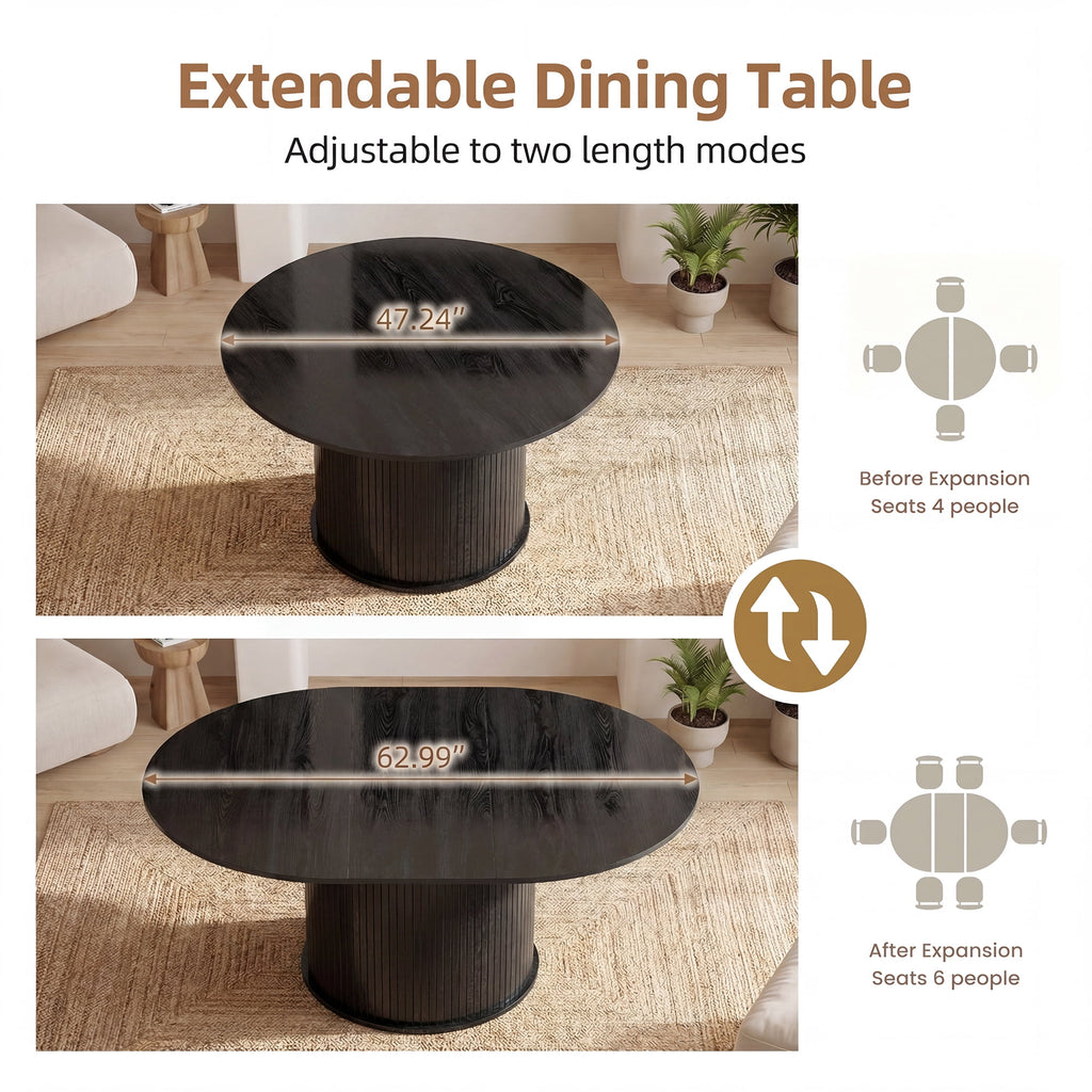 EOP 47″- 63″ Extendable Round Dining Table for 4-6, Wooden Kitchen Table with Hidden Storage and Fluted Sliding Door Cabinet, Modern Space-Saving Table for Dining Room Kitchen, Natural Wood