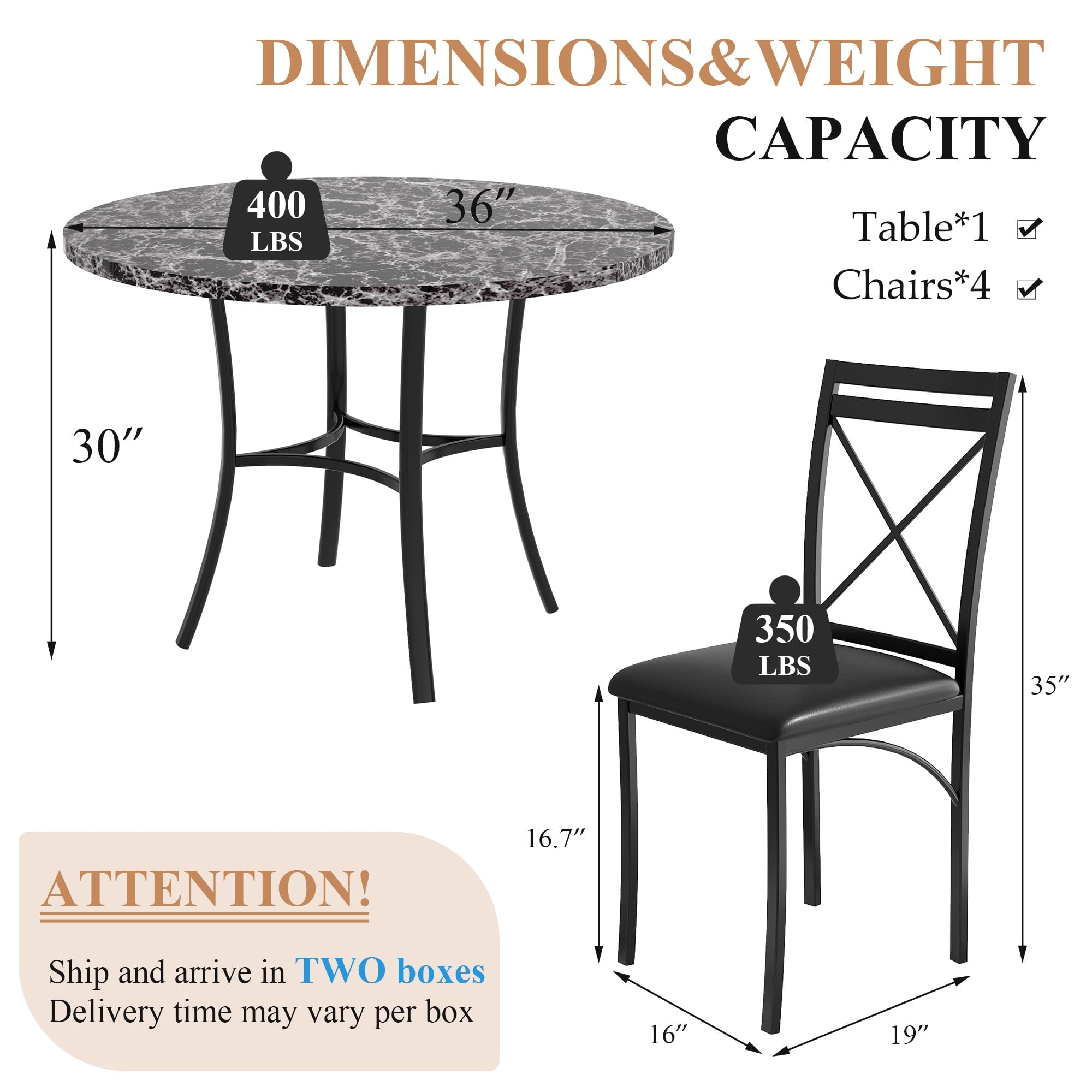VECELO 5-Piece Dining Table Set, Modern Faux Marble Table and 4 Upholstered Chairs Set for 4, Round Dining Room Table Set for Small Space, Breakfast Nook, Apartment, Black