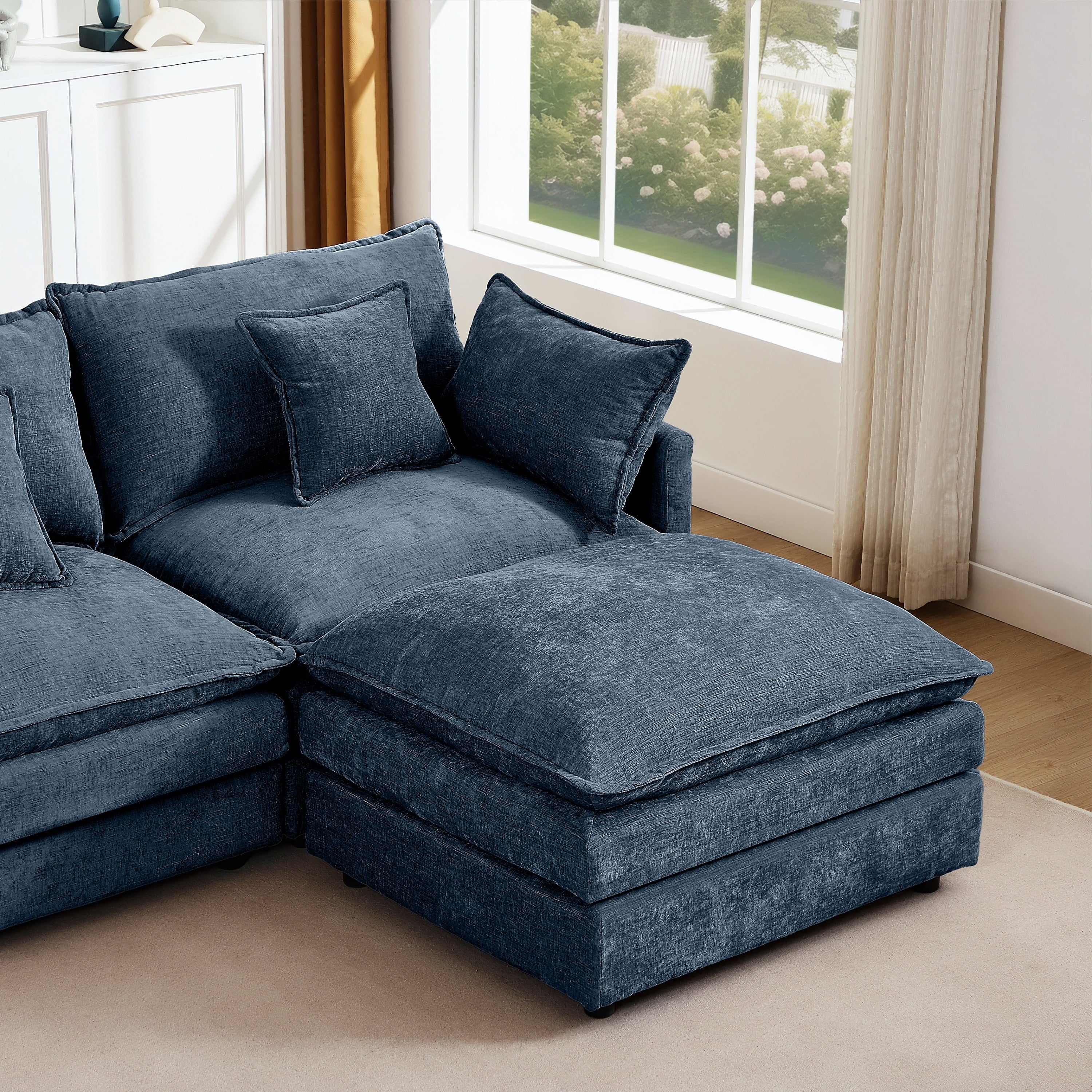 Muumblus Sectional Sofa Cloud Couch with Reversible Ottoman, L-Shaped Chenille Sofa for Living Rooms, Beige