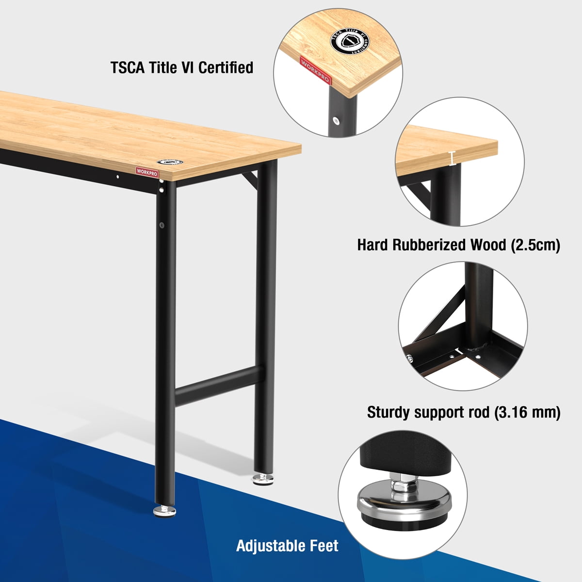 WORKPRO 60” x 24 Adjustable Workbench 1500 LBS Load Capacity Hardwood Worktable with Power Outlets, Leveling Foot