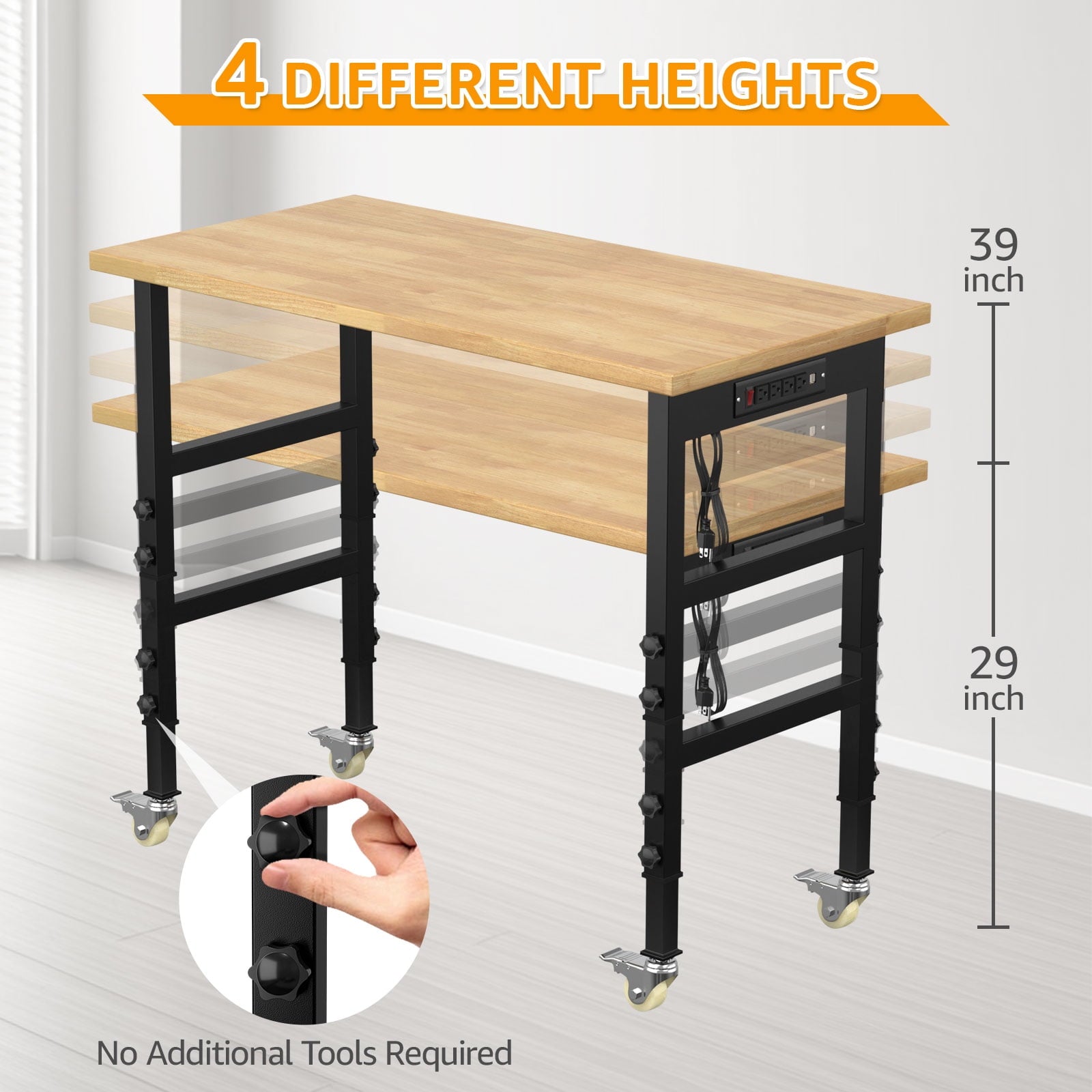 60 Adjustable Workbench,Heavy-Duty Work Table,3000 LBS Load Capacity Hardwood Workstation Outlets with Power strips and Wheels,for Workshop, Garage