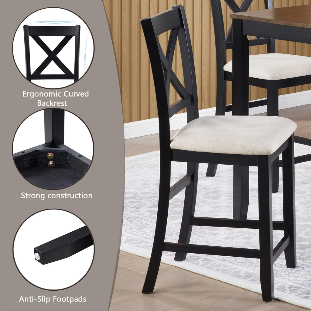 SESSLIFE Dining Table Set for 4, Counter Height Kitchen Table Set with Square Table and 4 Upholstered Chairs, Solid Wood Dining Room Set for 4, Space-Saving, Black & Oak