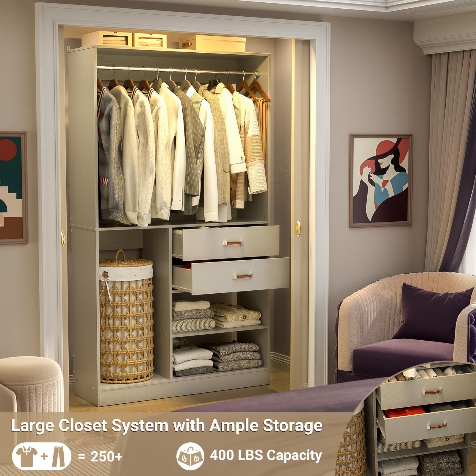 Homieasy Freestanding Closet System with Suitcase Storage, 40'' Closet Organizer System with 2 Wood Drawers and Hanging Rod, White