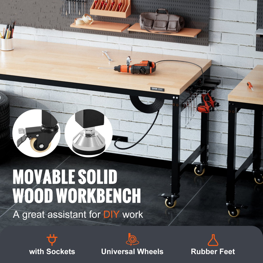 VEVOR Adjustable 28-39.5 Heights Workbench, 72 L X 25 W Garage Worktable with Universal Wheels, 3000 LBS Load Capacity, with Power Outlets