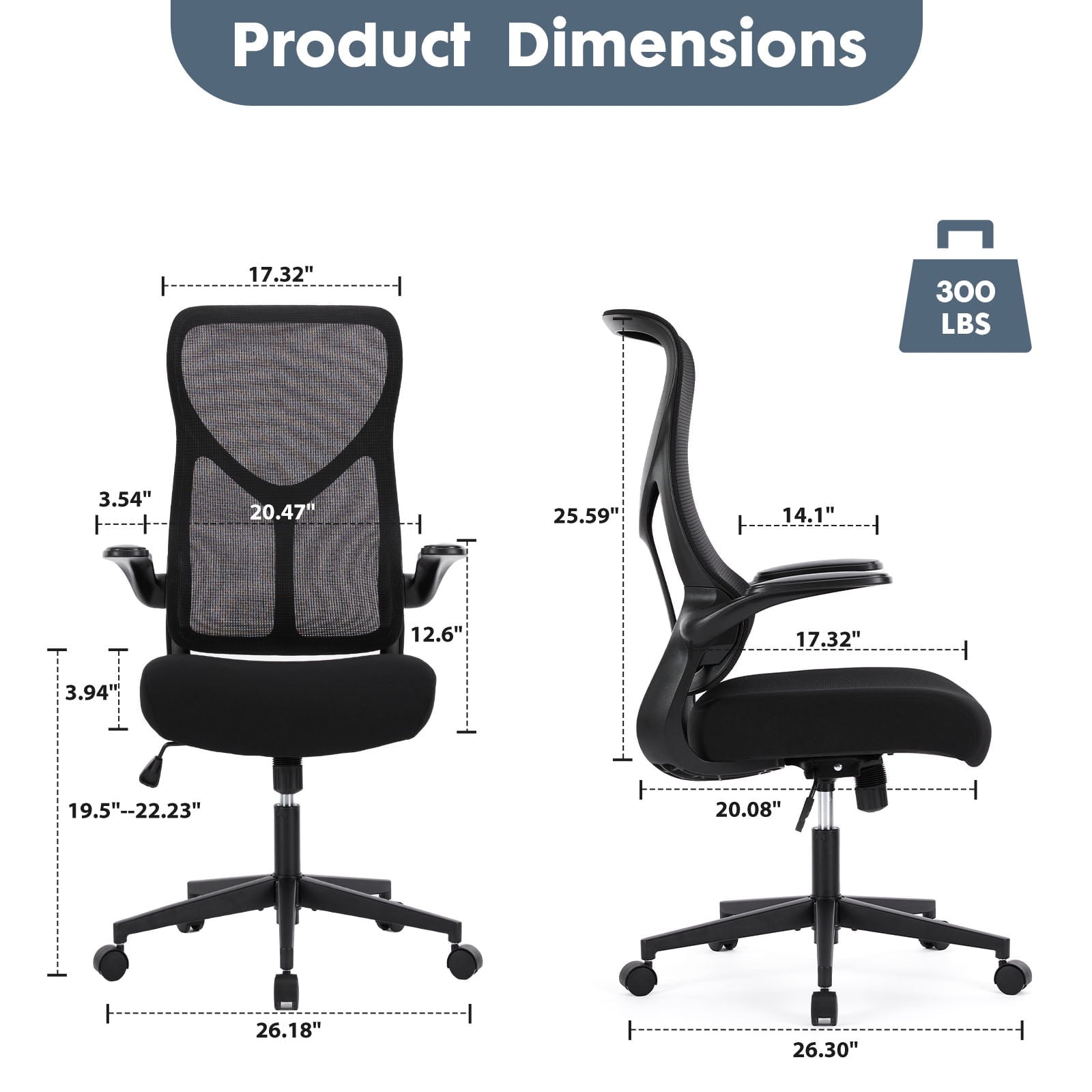 GIANNA Mesh Ergonomic Office Desk Chair, High Back Swivel Computer Chair, With 2D Headrest, Up&Down Lumbar Support, Adjustable Flip-up Armrests, Black